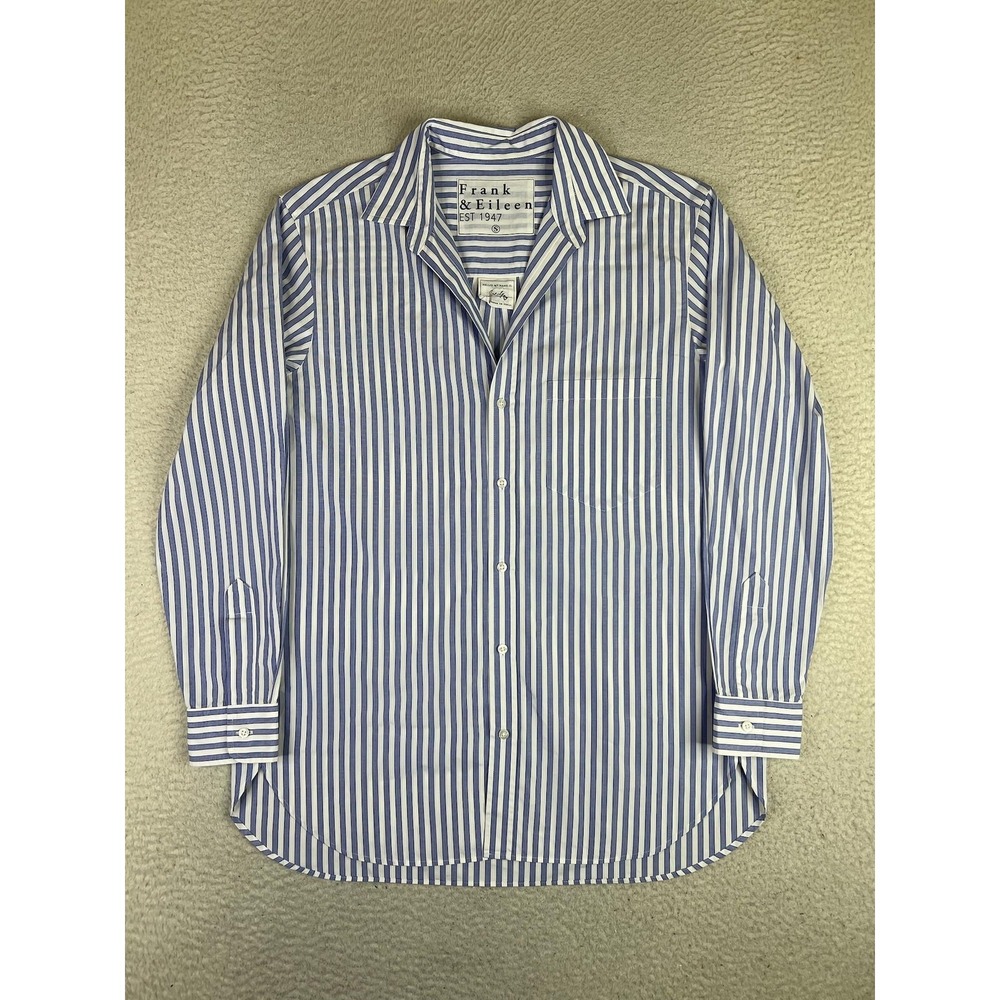 Frank & Eileen Shirt Womens Small Blue Stripe Joedy Button Up Woven Italy Cotton - Picture 1 of 12